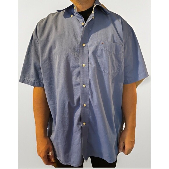 Vintage TOMMY HILFIGER Chambray blue button down flag logo 90's Y2K Men's Sz XL - Picture 1 of 6